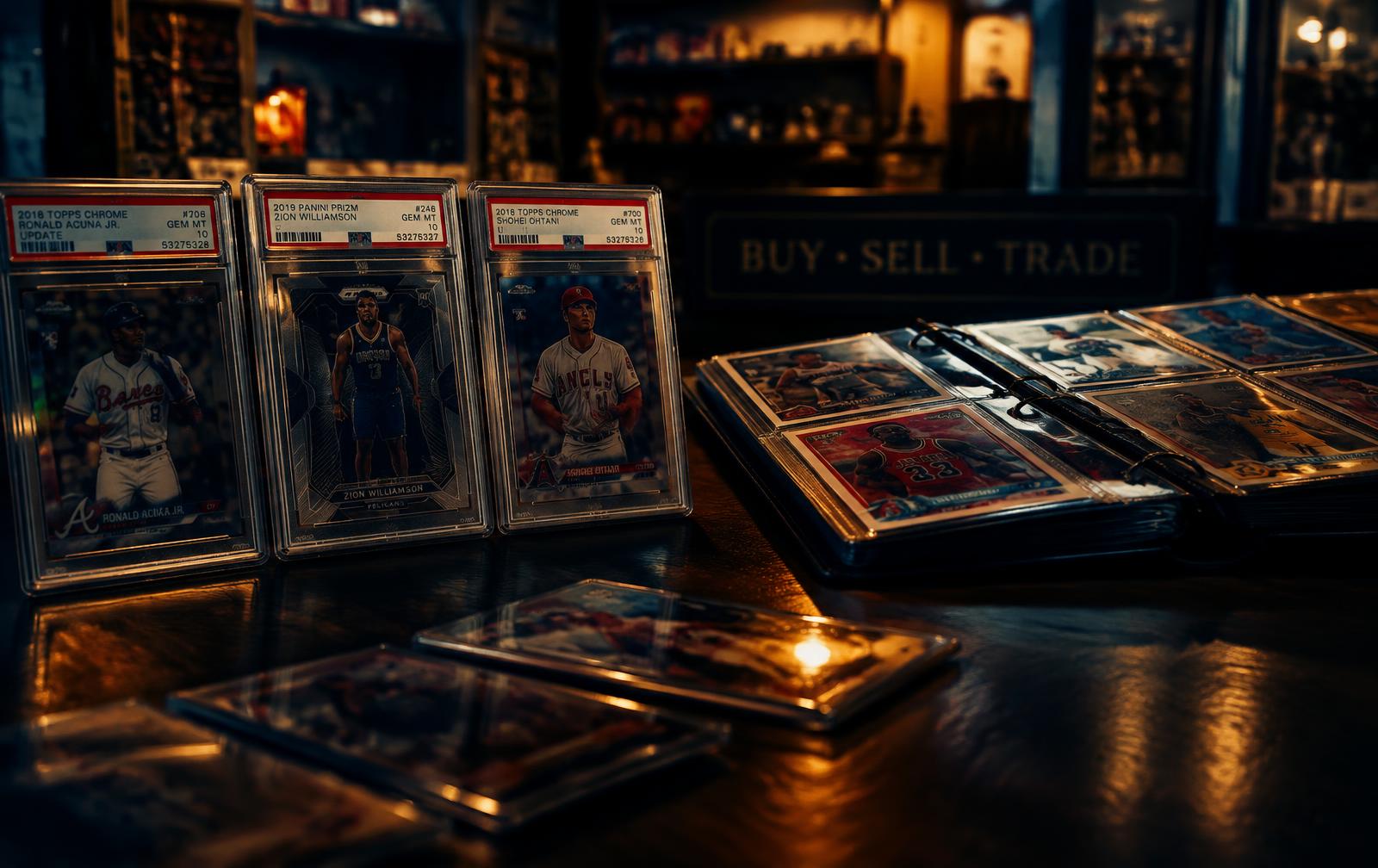 Graded sports card slabs and a binder at a local card shop